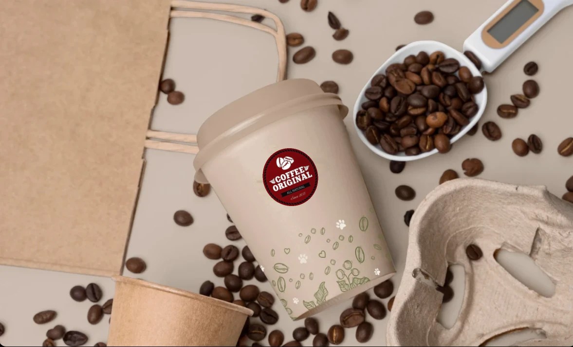 Стакан с логотипом Coffee Original среди кофейных зёрен, крафтового пакета и мерной ложки